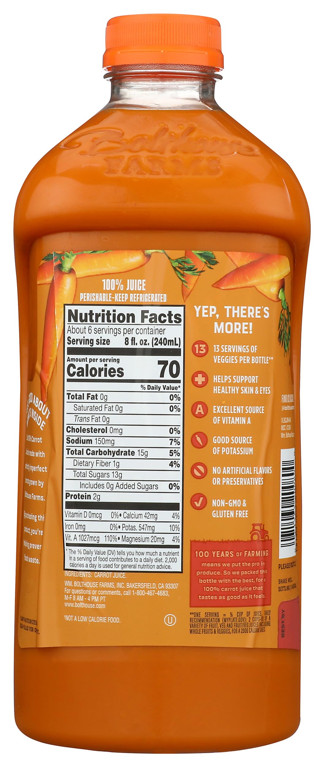 Bolthouse Farms Vegetable Juice Smoothie, 100% Carrot, 52 fl. oz. Bottle