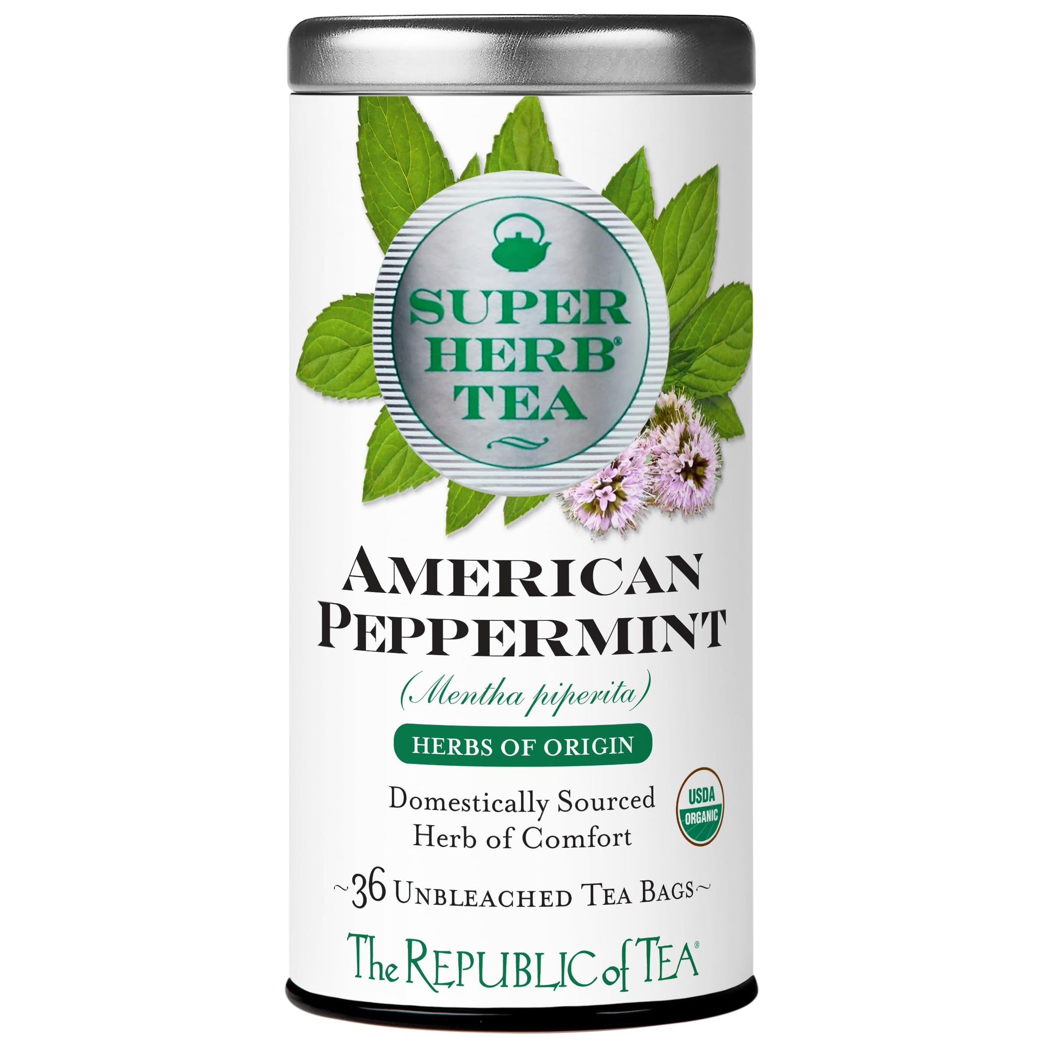 The Republic of Tea - Organic American Peppermint SuperHerb Tea Tin, 36 Herbal Tea Bags, Naturally Caffeine-Free Herbs of Origin