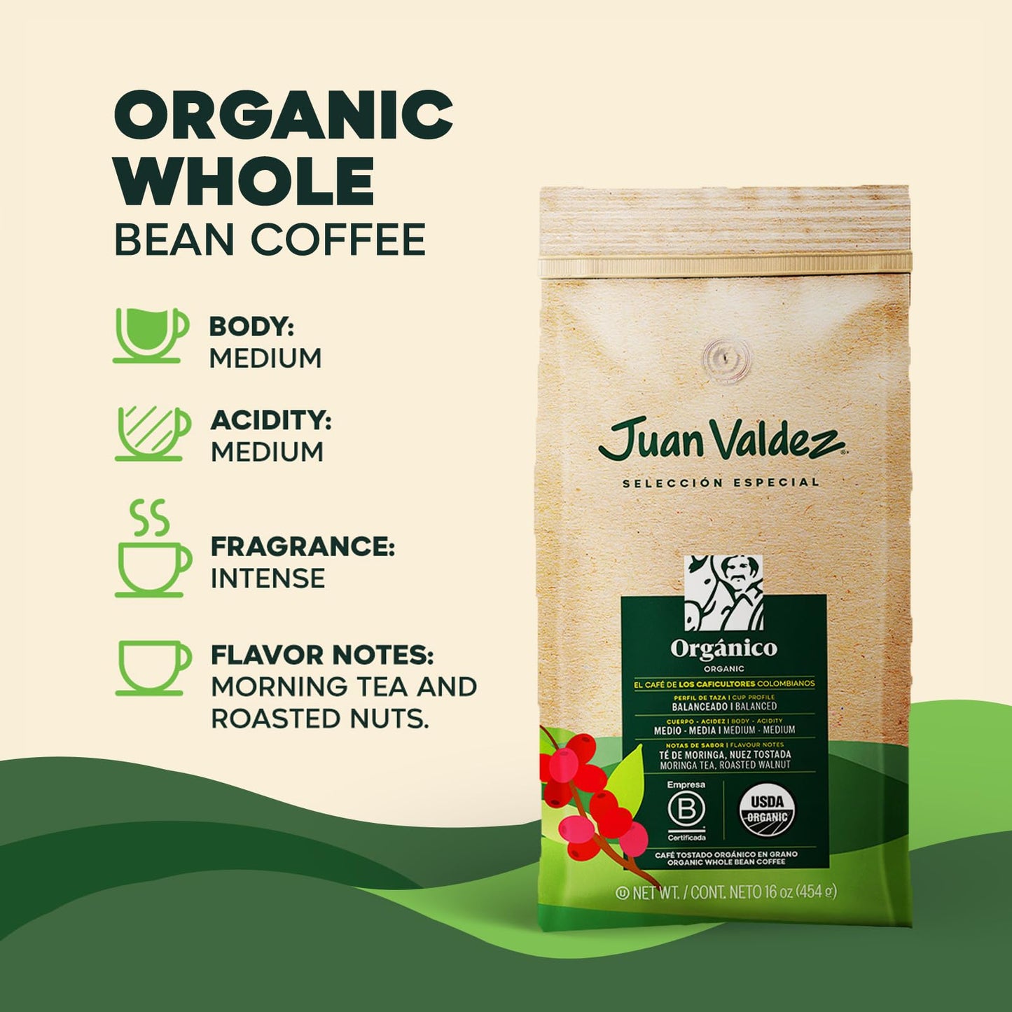 Juan Valdez Organic Whole Bean Coffee - Balanced Roast | 100% Colombian Arabica Beans | 100% Colombian Coffee - Balanced Profile with Moringa & Nutty