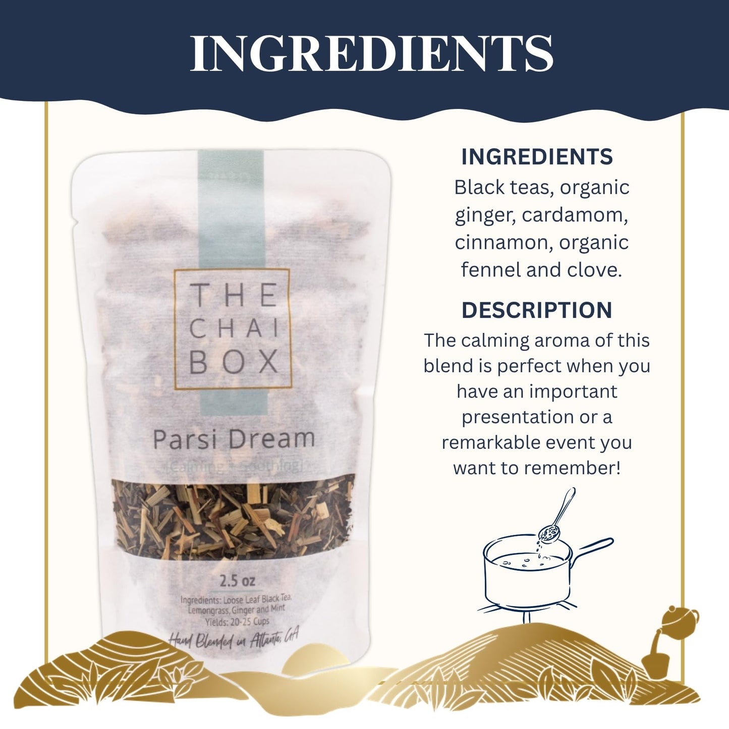 The Chai Box - Parsi Dream - Black Loose Leaf Tea w/Lemongrass, Ginger, Mint. A celebration of the beautiful Parsi culture - Made in Small Batches