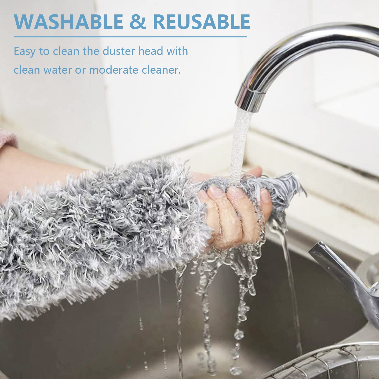Microfiber Duster with Extension Pole(Stainless Steel) 30 to 100'', with Bendable Head, Extendable Long Duster for Cleaning Ceiling Fan, High Ceiling