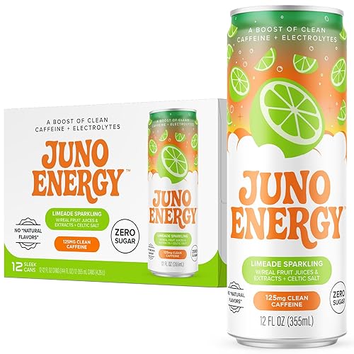 JUNO ENERGY Limeade Sparkling Energy Drink - Sugar Free Electrolytes, Energizing and Hydrating with 125mg Organic Caffeine from Green Coffee Beans