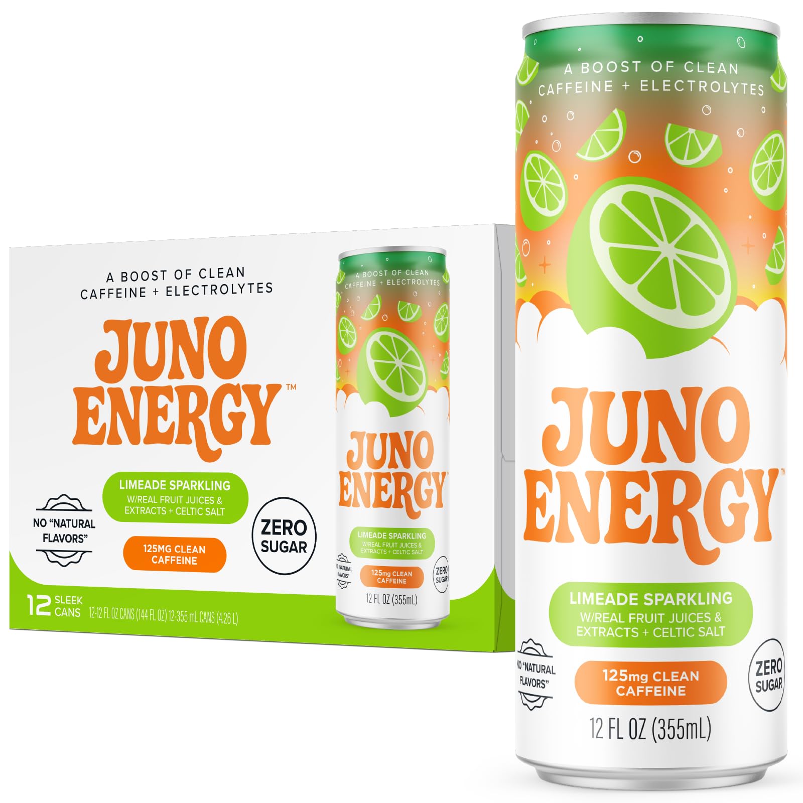 JUNO ENERGY Limeade Sparkling Energy Drink - Sugar Free Electrolytes, Energizing and Hydrating with 125mg Organic Caffeine from Green Coffee Beans