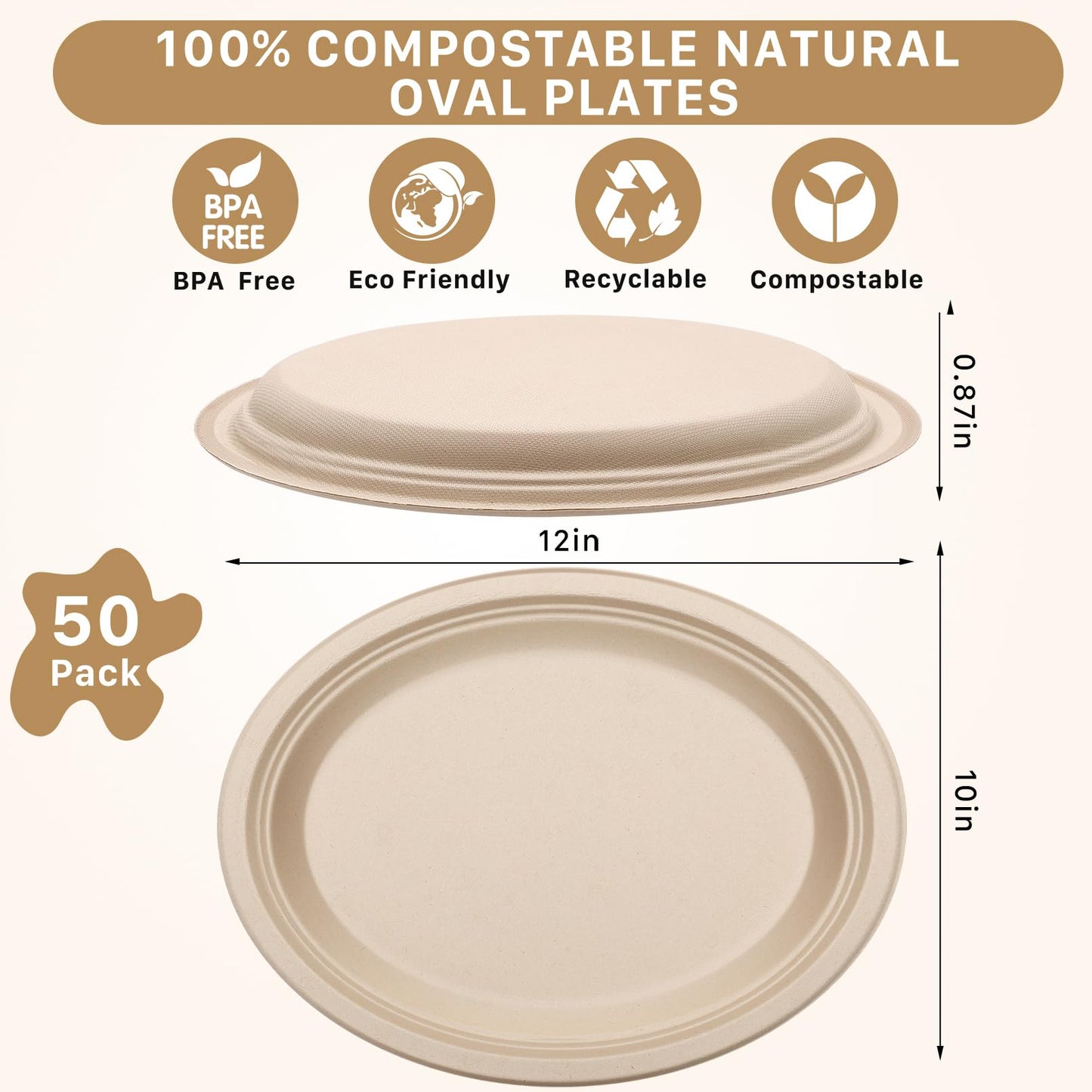 IJRPLM 50 Pack Oval Paper Plates, 12 Inch Disposable Paper Plates Heavy Duty,Compostable Oval Plate, Natural Bagasse Sugarcane Plate for BBQ Party