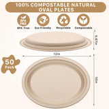 IJRPLM 50 Pack Oval Paper Plates, 12 Inch Disposable Paper Plates Heavy Duty,Compostable Oval Plate, Natural Bagasse Sugarcane Plate for BBQ Party