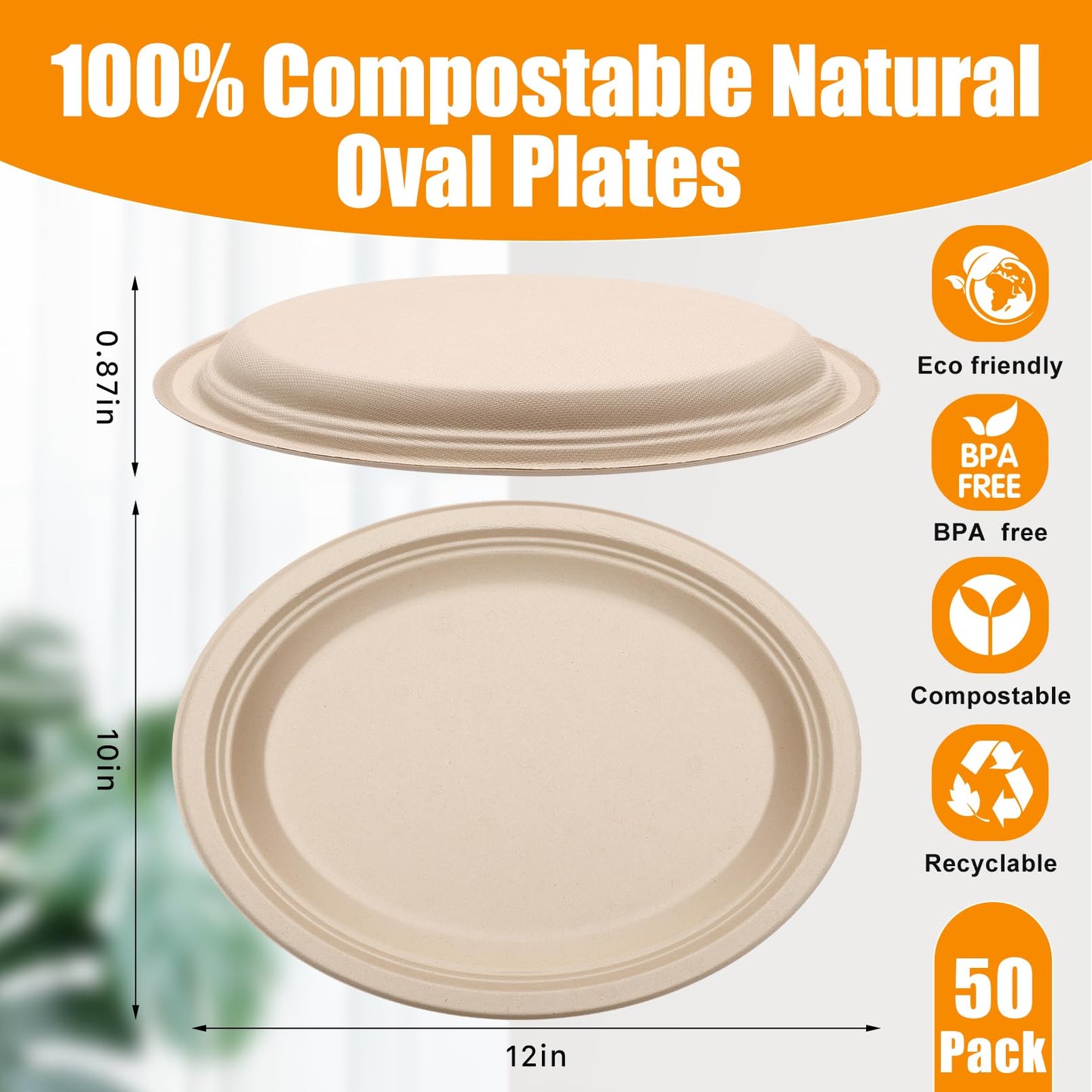 RAIHOMKIT 50 Pack Oval Paper Plates,Disposable Paper Plates,Heavy Duty Paper Plates,Natural Bagasse Unbleached Eco-Friendly Sugarcane Plates for BBQ