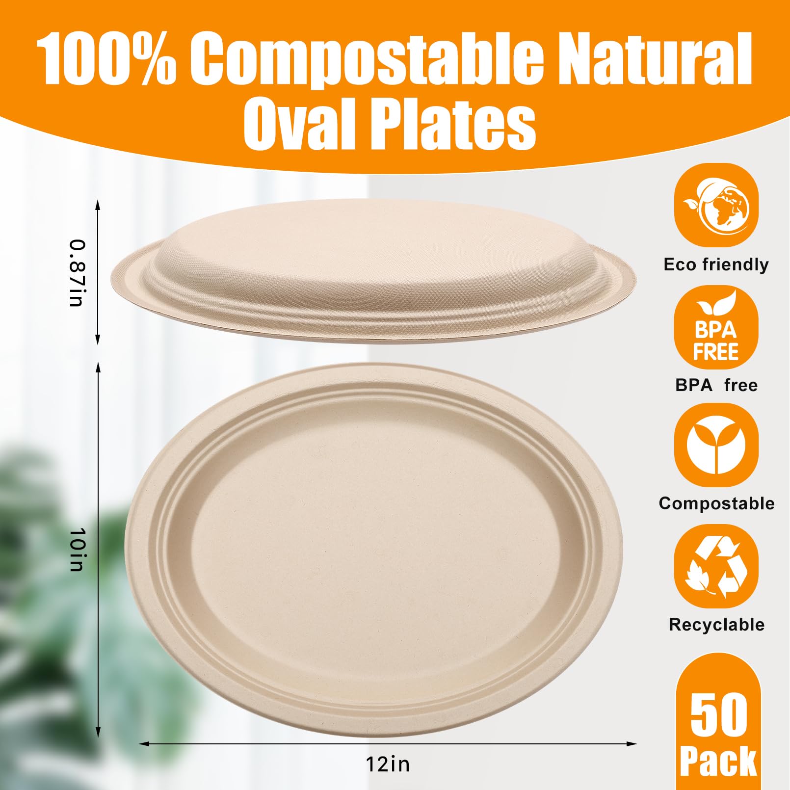 RAIHOMKIT 50 Pack Oval Paper Plates,Disposable Paper Plates,Heavy Duty Paper Plates,Natural Bagasse Unbleached Eco-Friendly Sugarcane Plates for BBQ