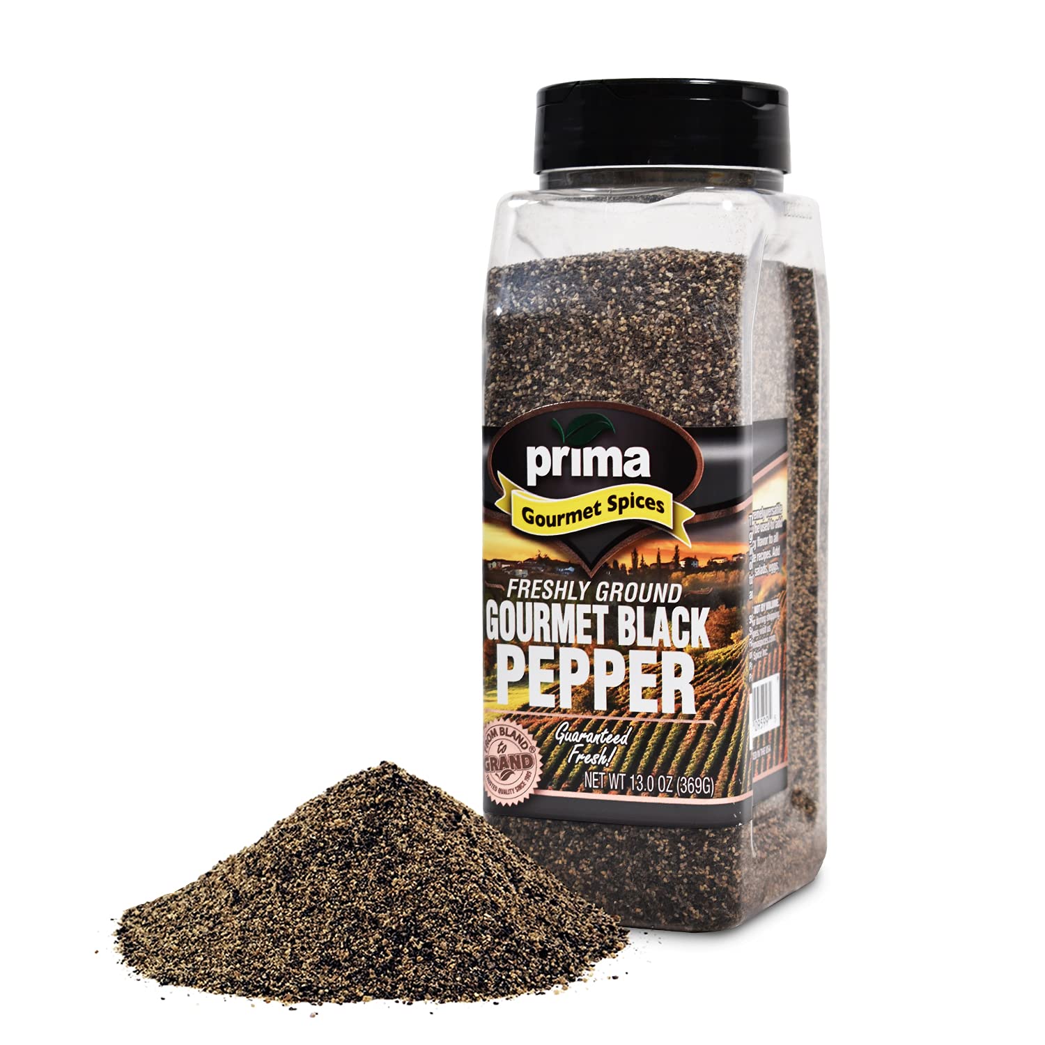 Prima Spice Premium Freshly Ground Coarse Black Pepper(BOLD FLAVOR) 13 Ounce 18-24 Mesh Size - Great for Cooking, Rubs and Seasoning, 13 Ounce (Pack