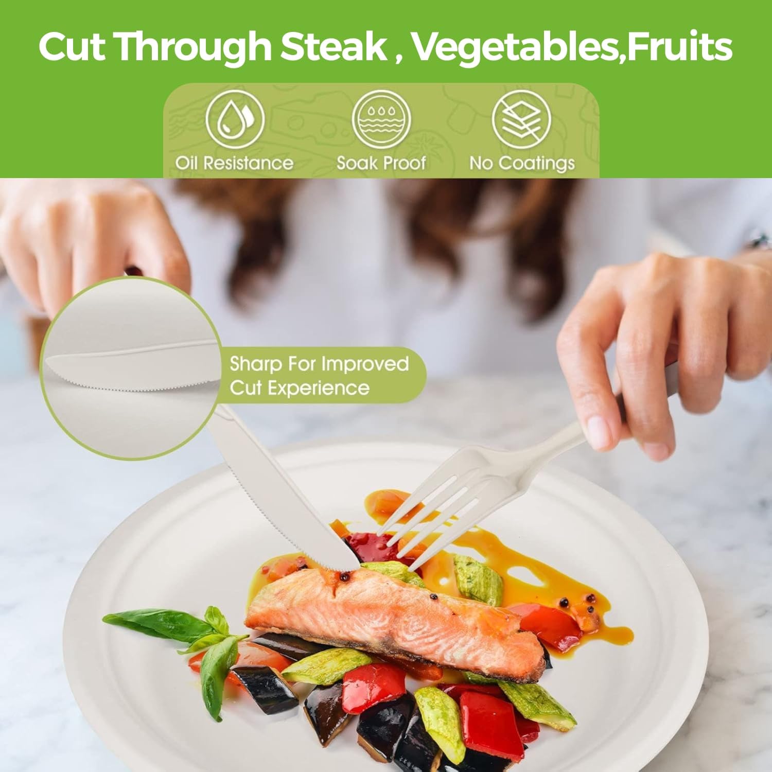 250 PCS Compostable Paper Plates and Utensils Set (EXTRA LONG), White Microwaveable Compostable Dinnerware Set, Disposable Plates, Bowls & Cutlery