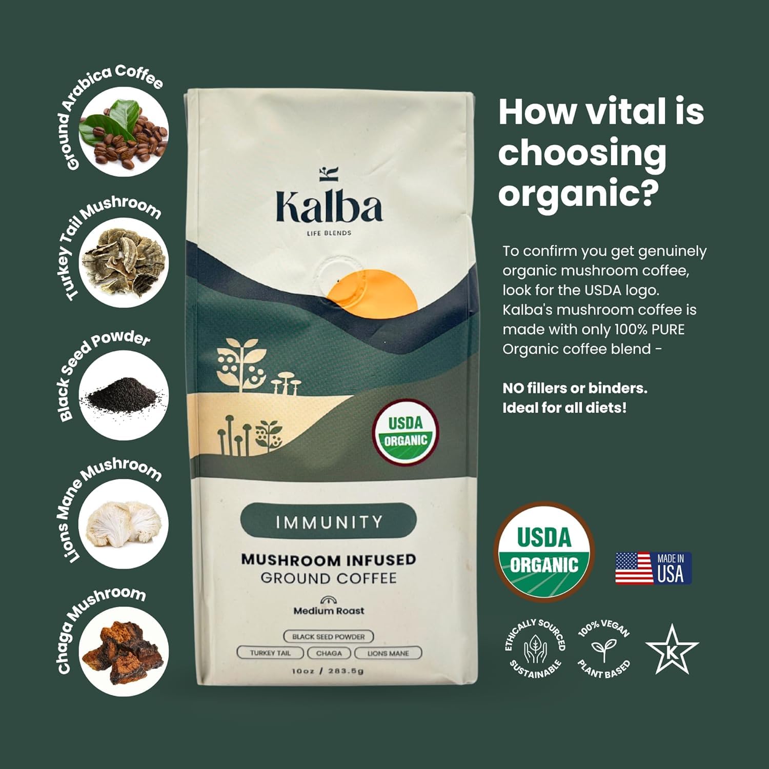 Organic Mushroom Coffee Ground with Lion’s Mane, Chaga, Turkey Tail & Nigella Seed Powder - Medium Roast Functional Wellness Coffee for Focus, Calm