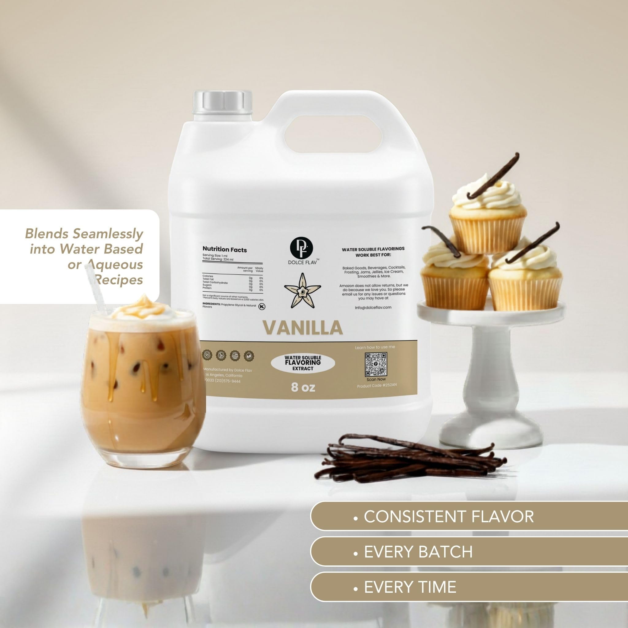 Dolce Flav Vanilla Extract 8 oz - Kosher, Sugar-Free, Concentrated Vanilla Flavoring for Baking, Cookies & Desserts, Includes Measured Dropper
