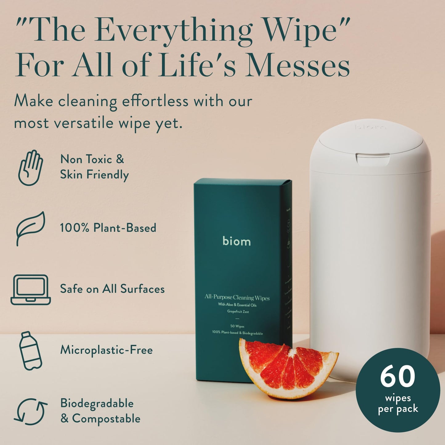 Biom All-Purpose Cleaning Wipes Refill (8pk x 60ct Each)- Fragrance Free - Biodegradable, All Natural, Plant-Based, Non-Toxic Wipes for Home & Travel