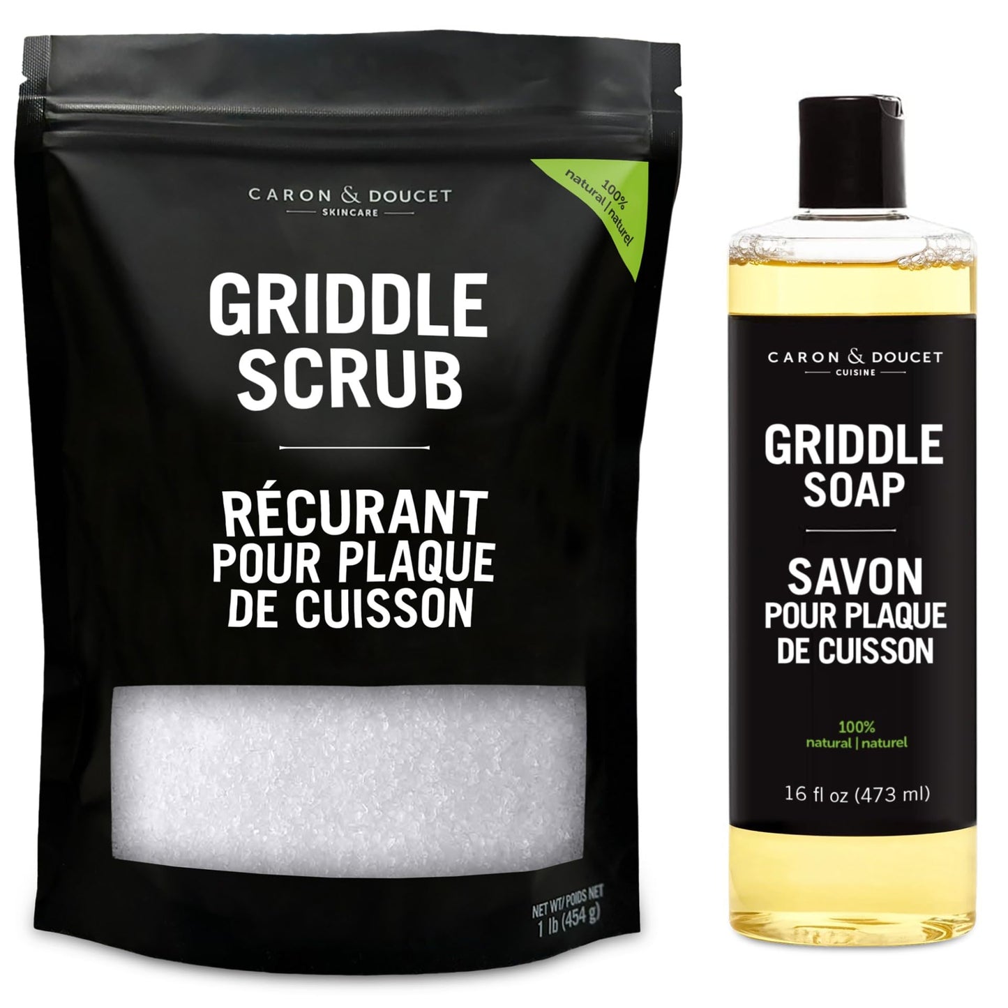 CARON & DOUCET - 100% Plant-Based Griddle Cleaning Soap and Salt Scrub Set: Best for Removing Rust & Cleaning Burnt On Food While Seasoning Griddle