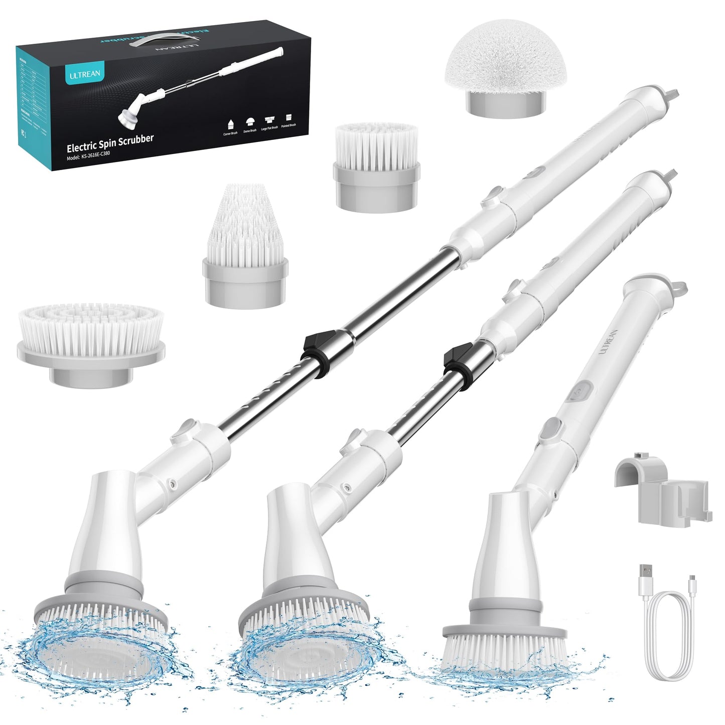 Ultrean Spin Brush, Cordless Electric Spin Scrubber with 4 Replaceable Brush Heads Adjustable Extension Handle, 2 Speed Shower Scrubber for Cleaning