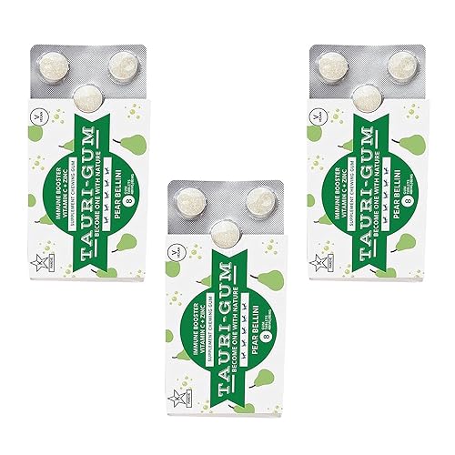 Tauri-Gum Pear Bellini | Zinc Chewing Gum, Immune Booster, Kosher | Vegan (Pack Of 3)