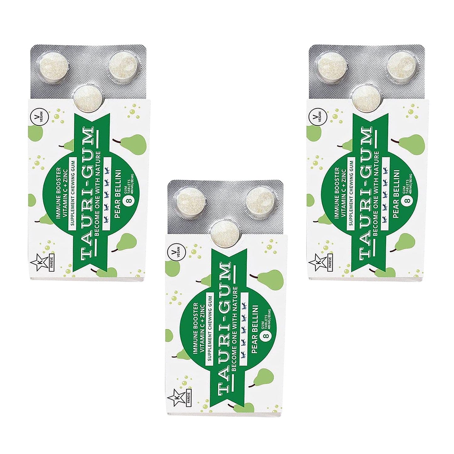 Tauri-Gum Pear Bellini | Zinc Chewing Gum, Immune Booster, Kosher | Vegan (Pack Of 3)