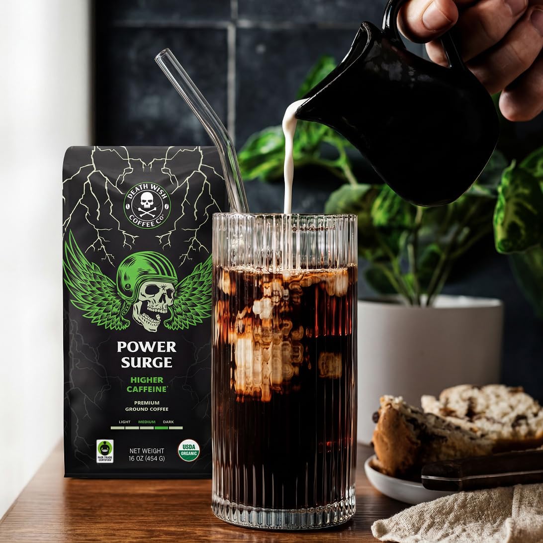 Death Wish Coffee, Power Surge Ground Coffee, Naturally Higher Caffeinated Coffee, Certified Fair Trade and Organic (16 oz)