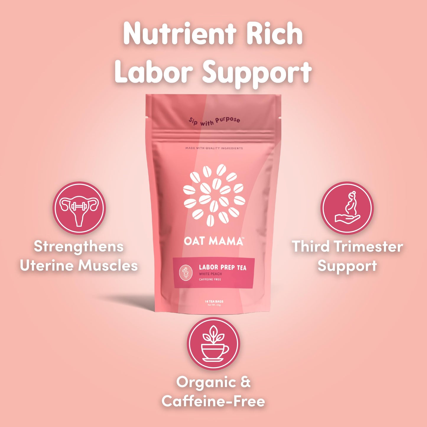 Oat Mama Flavored Microplastics-Free Labor Prep Tea for Third Trimester Pregnancy Support - White Peach Flavor - Organic Prenatal Support - Prepare