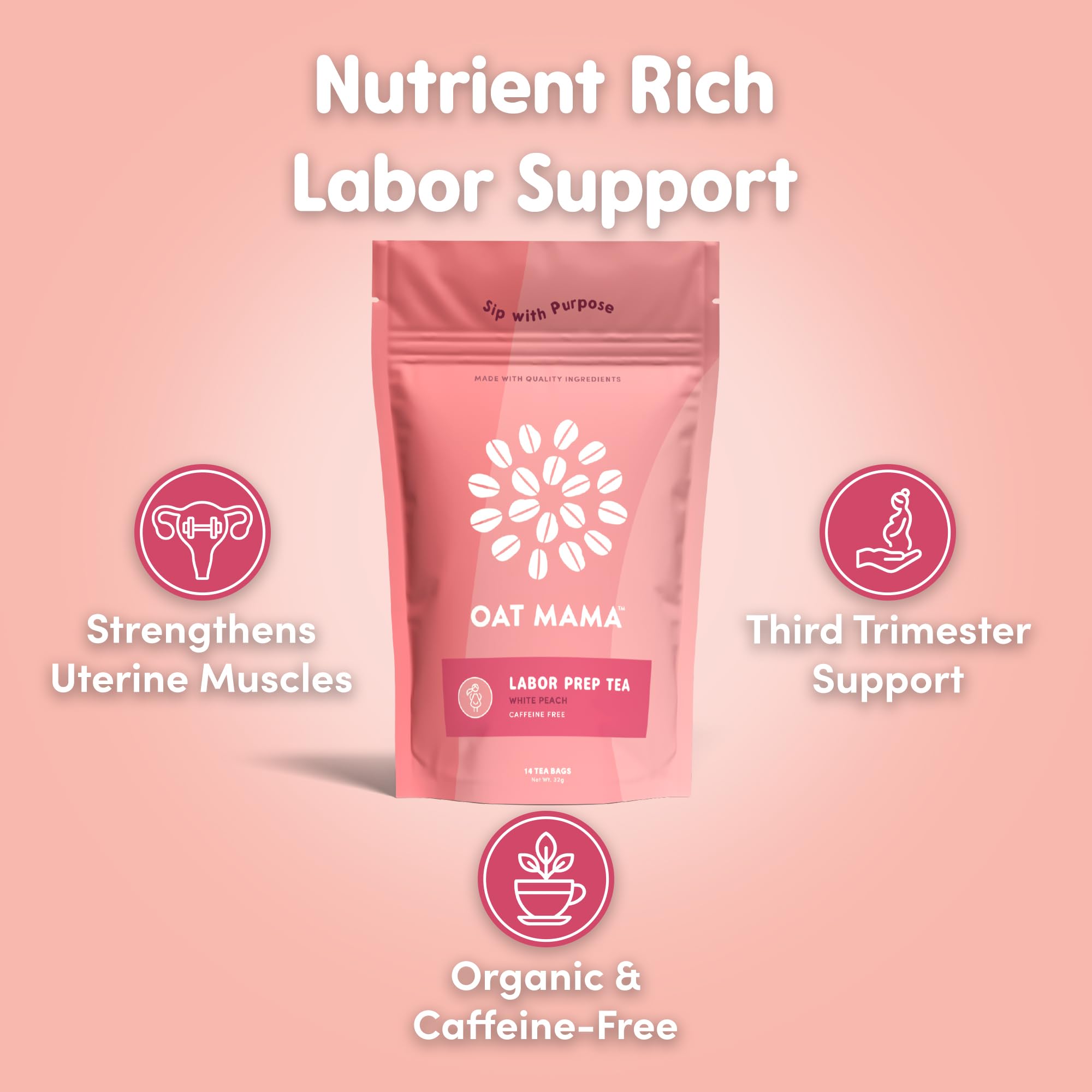 Oat Mama Flavored Microplastics-Free Labor Prep Tea for Third Trimester Pregnancy Support - White Peach Flavor - Organic Prenatal Support - Prepare