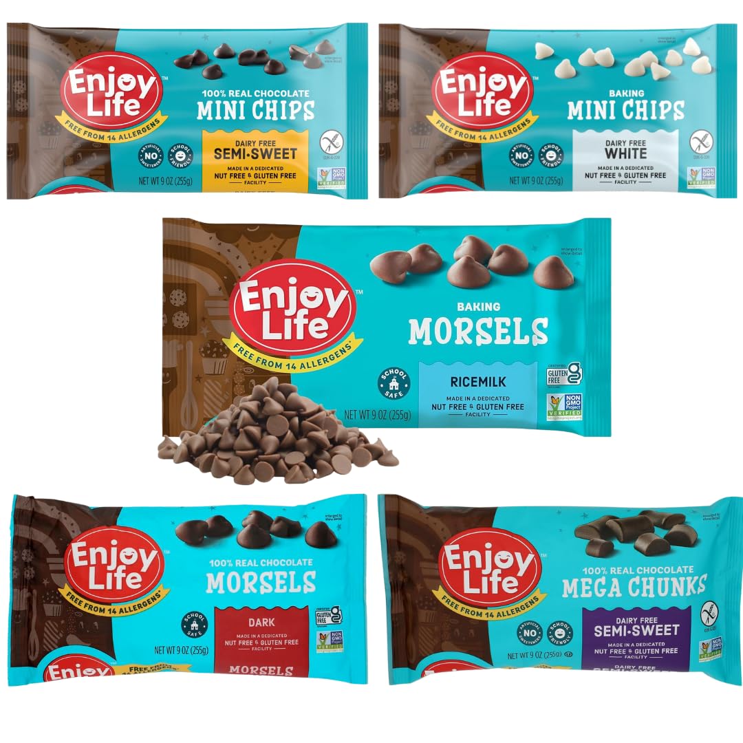 Enjoy Life Chocolate Chips Variety Pack, 5 Count (9 oz Bags) - Dark Morsels, Mini Chips, White Mini Chips & Mega Chunks - Allergy-Friendly Baking Chocolate