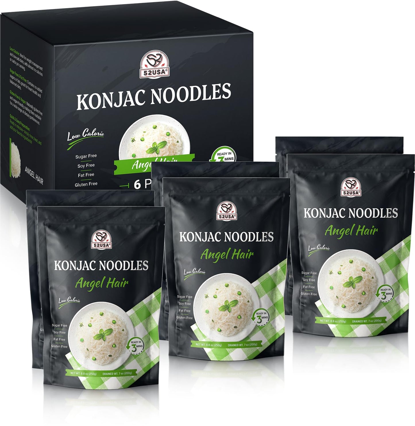 52USA Konjac Shirataki Noodle, Angel Hair, Low Carb Pasta 52.8 Oz (1500 g), Keto and Paleo Friendly, Sugar Free, Vegan, Gluten Free, Ready to Eat, Low