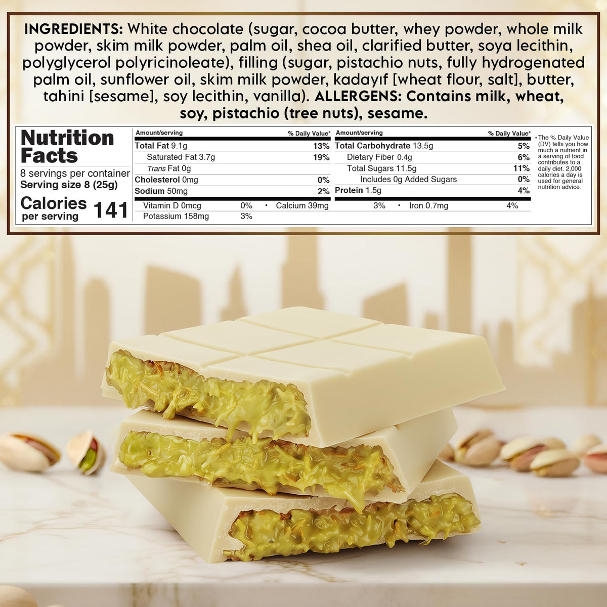 Dubai Chocolate White Bar 7 oz with Pistachio Filling & Kataifi