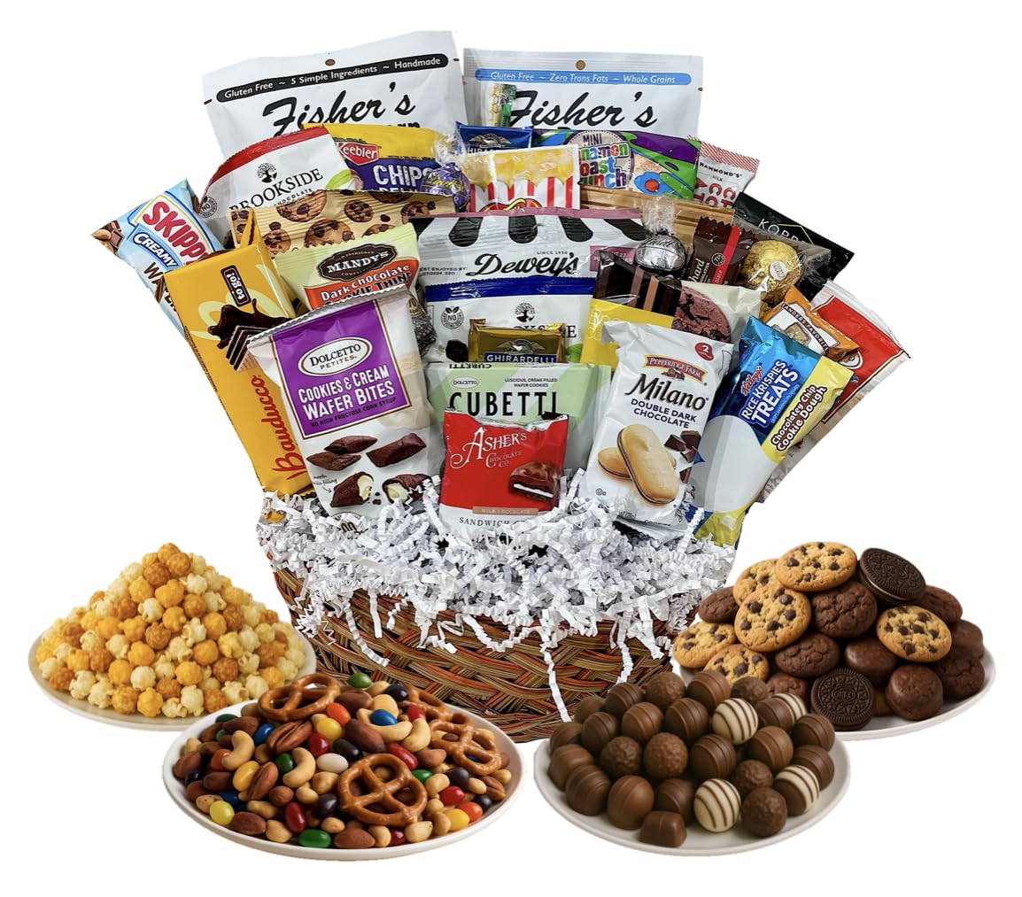 Handcrafted Gift Basket with Chocolates, Cookies, Snacks & Candy. Perfect for Birthdays, Sympathy, Holidays, Clients & Thank You Gifts (Upgrade