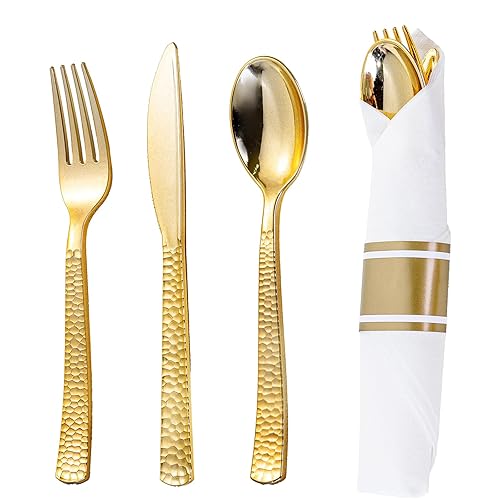 WELLIFE 50 Pack Gold Plastic Silverware with Pre Rolled Napkins,Hammer Pattern Design,Plastic Cutlery Includes: 50 Forks,50 Knives,50 Spoons,50