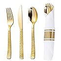 WELLIFE 50 Pack Gold Plastic Silverware with Pre Rolled Napkins,Hammer Pattern Design,Plastic Cutlery Includes: 50 Forks,50 Knives,50 Spoons,50