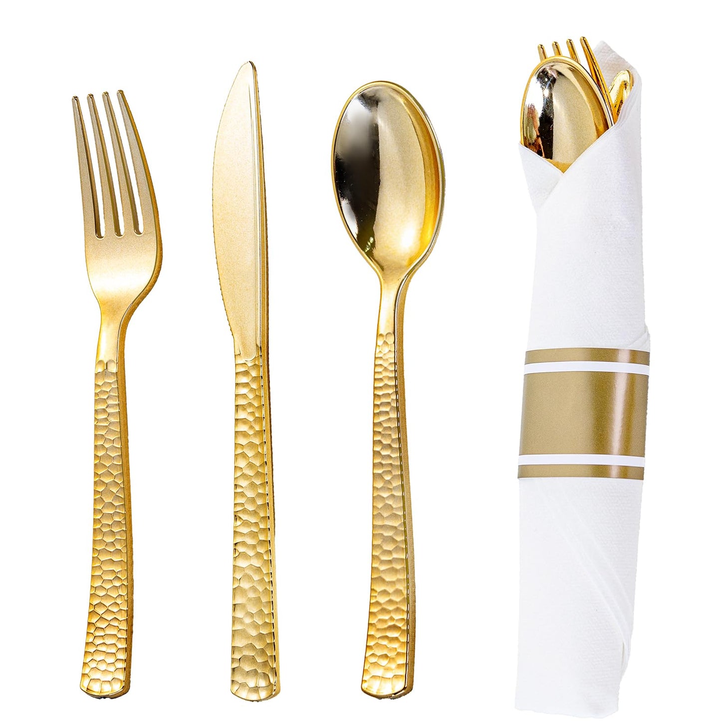 WELLIFE 50 Pack Gold Plastic Silverware with Pre Rolled Napkins,Hammer Pattern Design,Plastic Cutlery Includes: 50 Forks,50 Knives,50 Spoons,50