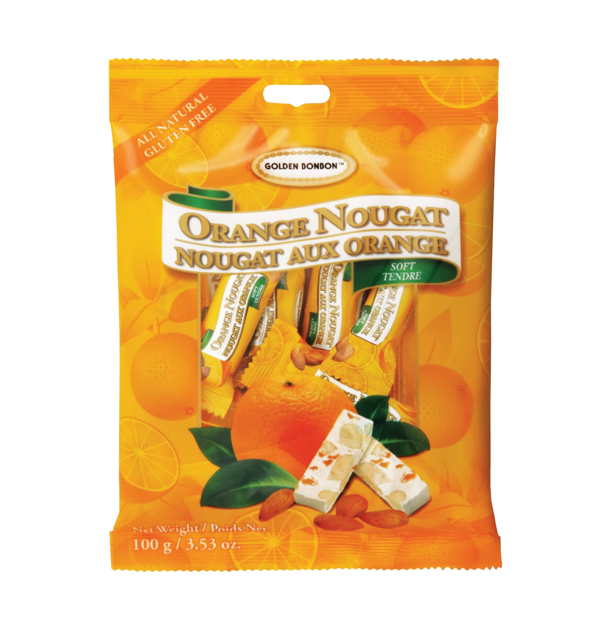 Golden Bonbon Italian Soft Orange Almond Nougat Candy, Individually Packed Chewy, Gluten Free Nougat, Full of Almonds, Halal Candy 3.53 Ounces (Almond
