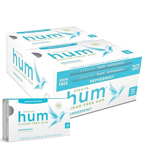Stevita Hum, Peppermint - Sugar-Free Gum - 12 Pieces, Pack of 12 - Supports Oral Health - Non-GMO, Vegetarian, Keto, Gluten Free (Package may vary)