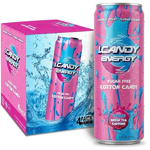 I.CANDY Energy Drink Cotton Candy, Zero Sugar Zero Calorie, 114mg Natural Caffeine from Green Tea, B3 B6 B12 Vitamins, No Crash Pink Energy Drink - 4