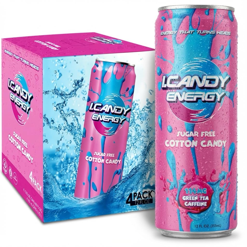 I.CANDY Energy Drink Cotton Candy, Zero Sugar Zero Calorie, 114mg Natural Caffeine from Green Tea, B3 B6 B12 Vitamins, No Crash Pink Energy Drink - 4