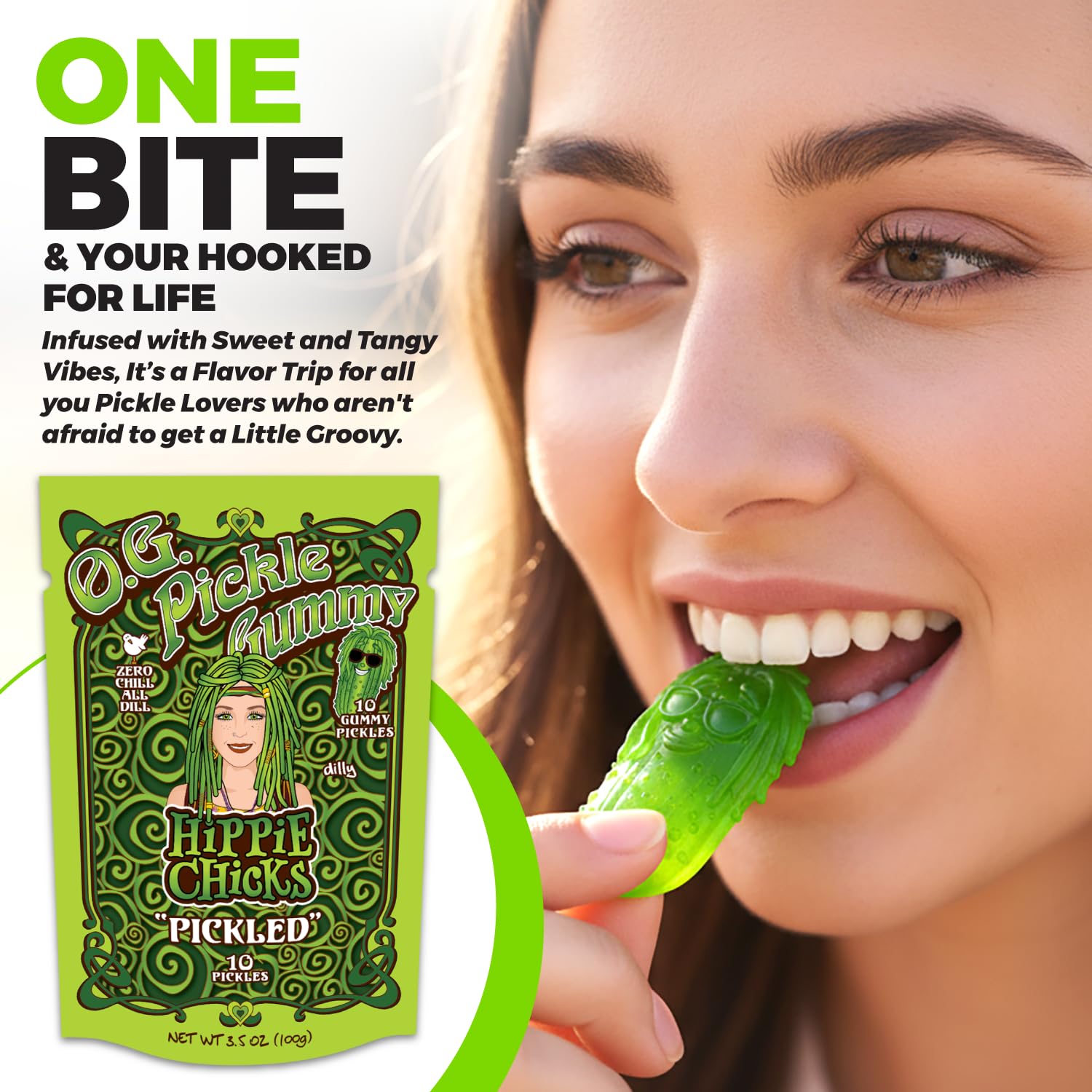 Hippie Chicks "Pickle Gummie" - Tangy & Bold Dill Pickle Flavored Candy - Fun Novelty Snack for Pickle Lovers & Foodies - Zesty, Sour & Salty Treat