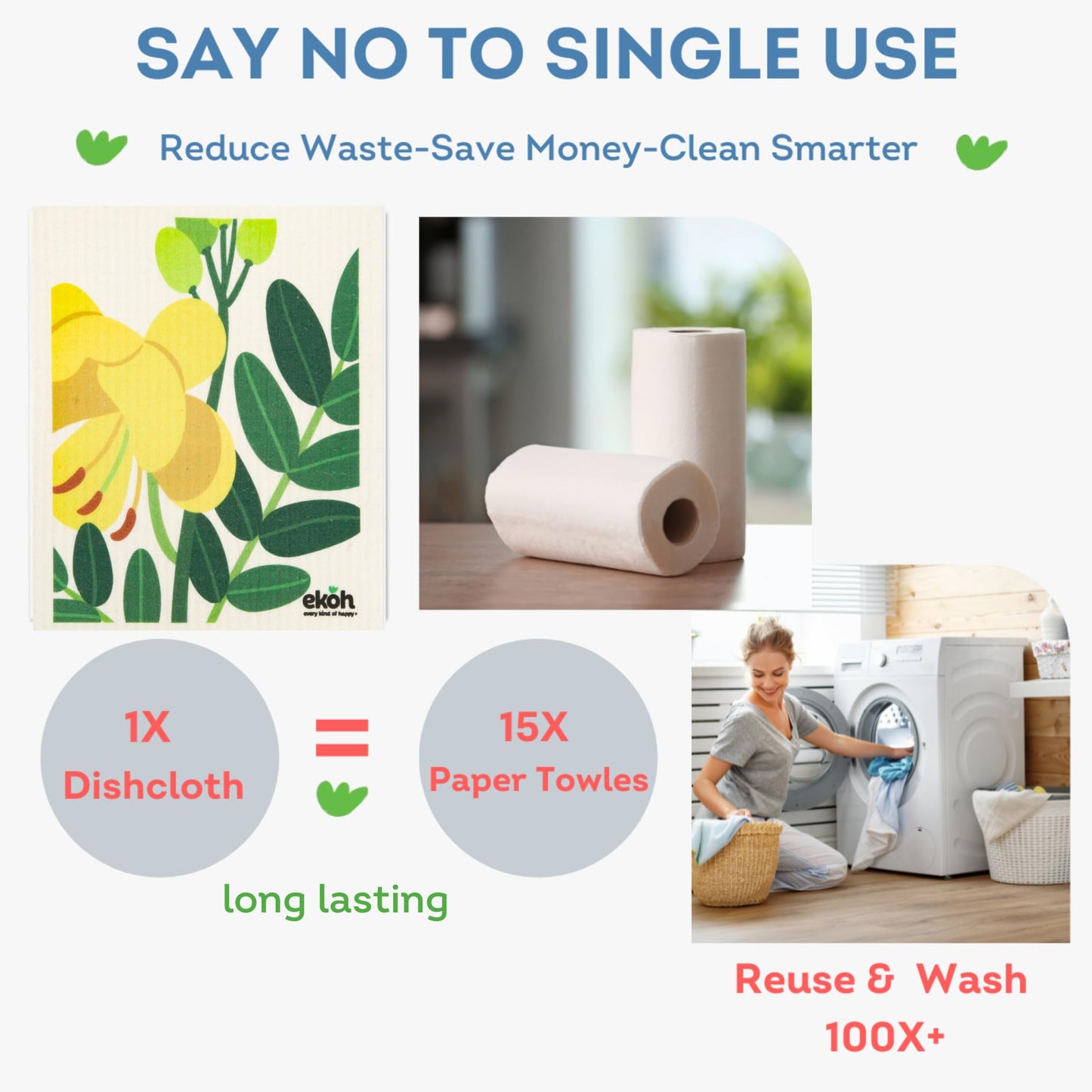 EKOH Swedish Dishcloths for the Kitchen - 12 Pack Cleaning Cloths for the Home - 100% Biodegradable Dish Cloths a Paper Towel and Plastic Sponge
