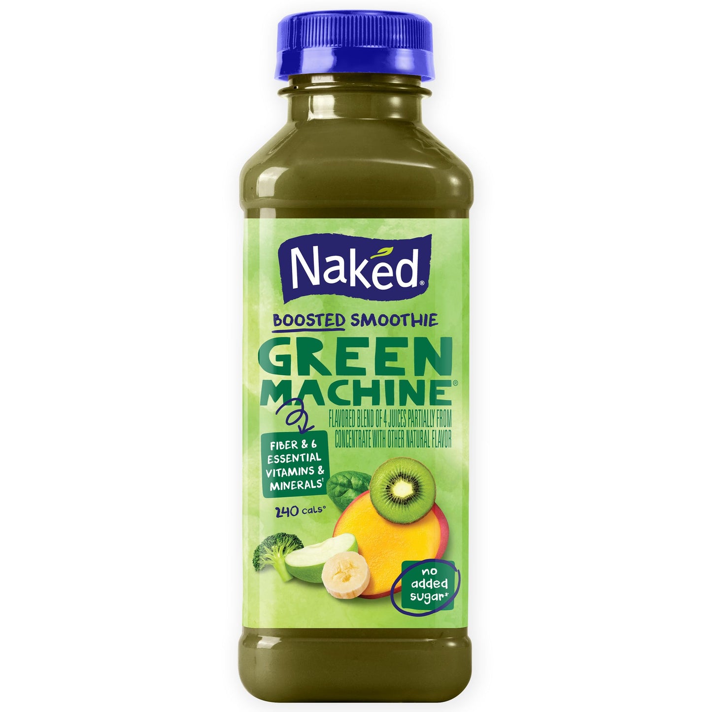 Naked Boosted Smoothie Green Machine, 15.2 fl oz Bottle - Real Fruit Juice Smoothie with Fiber, Excellent Source of Vitamin C and Vitamin E for Immune
