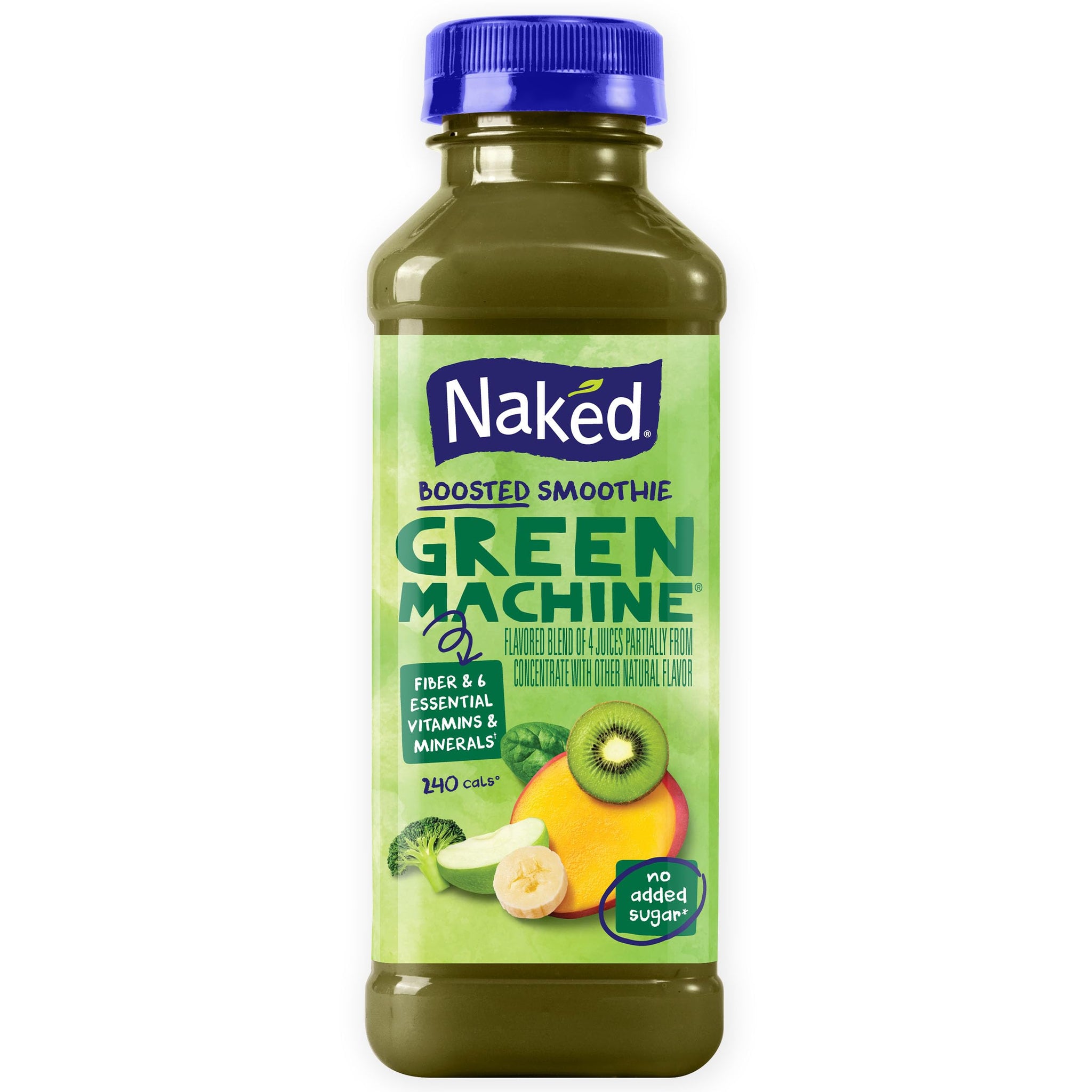 Naked Boosted Smoothie Green Machine, 15.2 fl oz Bottle - Real Fruit Juice Smoothie with Fiber, Excellent Source of Vitamin C and Vitamin E for Immune