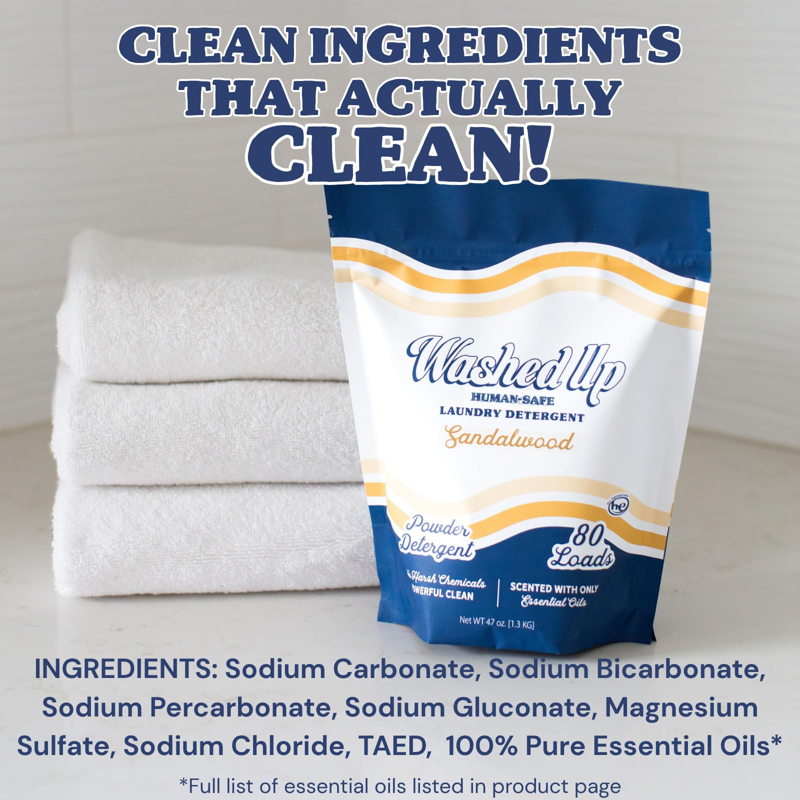 Washed Up Goods Sandalwood Laundry Detergent Powder | Only 100% Pure Essential Oils | Safe for Sensitive Groups | Powerful Clean | Plant
