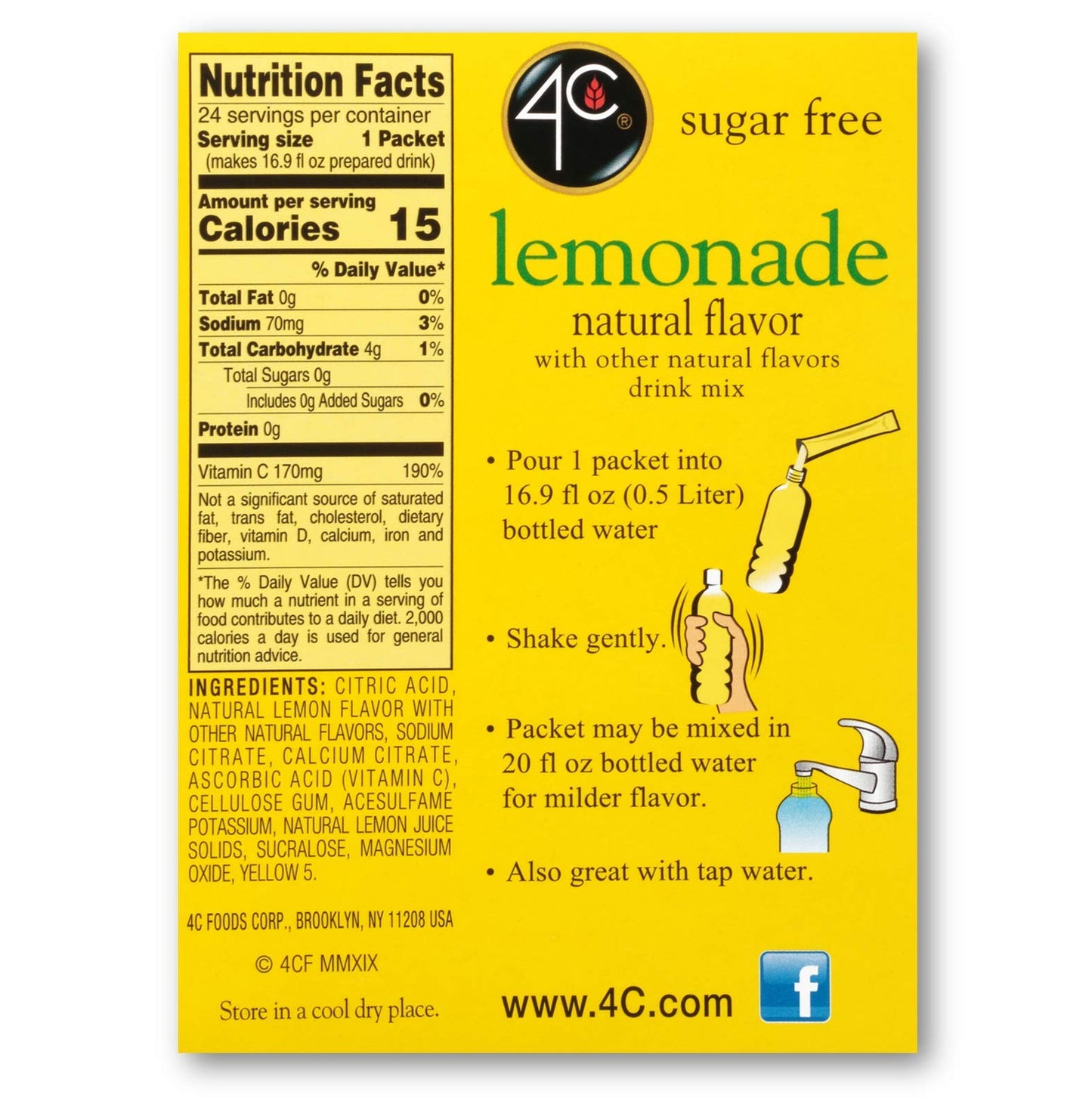 4C Powder Drink Mix Packets, Lemonade 1 Pack, 24 Count, Singles Stix On the Go, Refreshing Sugar Free Water Flavorings