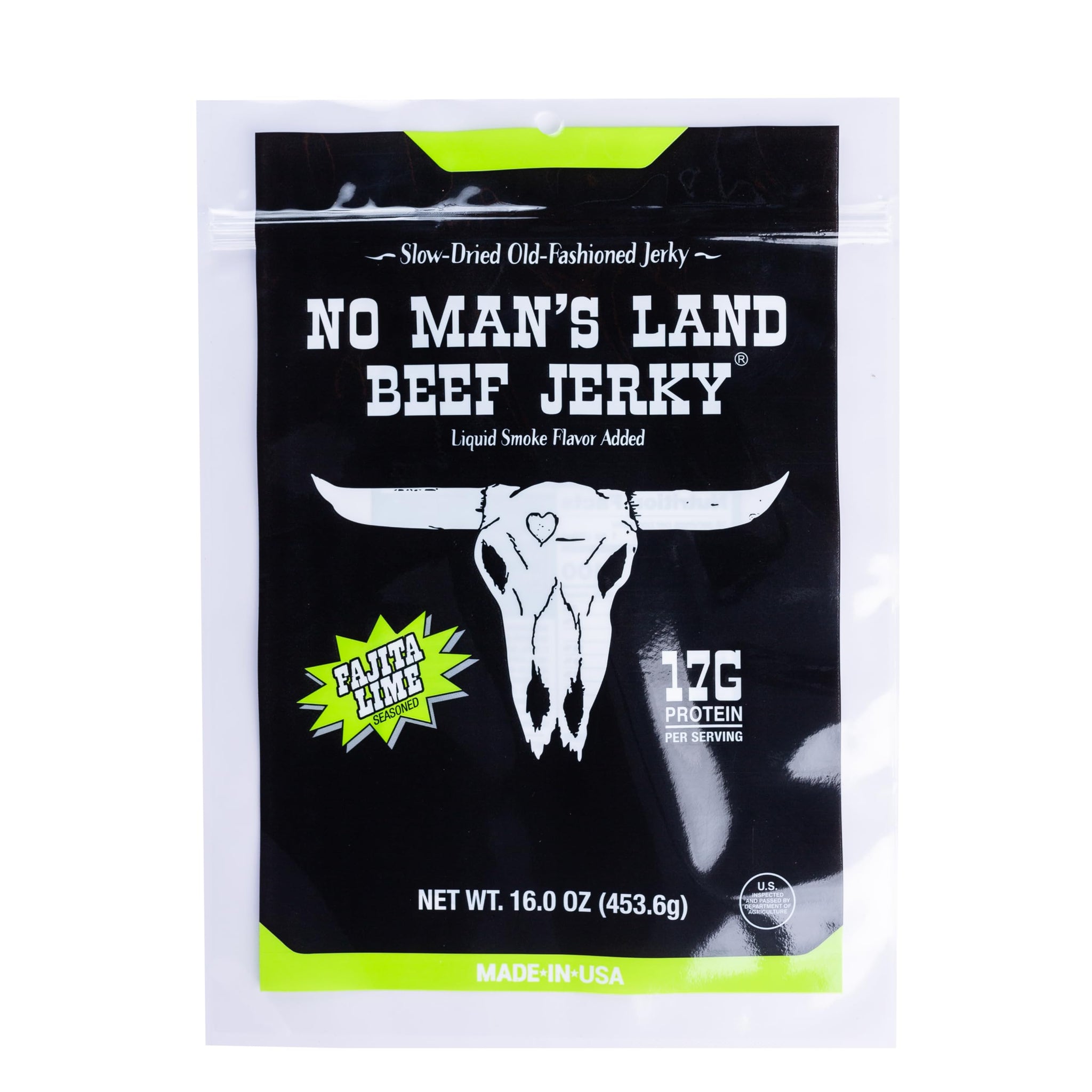 No Mans Land Beef Jerky - Fajita Lime 16oz Bag | High Protein, Low Card, Low Calorie Beef Snack | Smoked & Seasoned Jerky Strips | Gluten Free