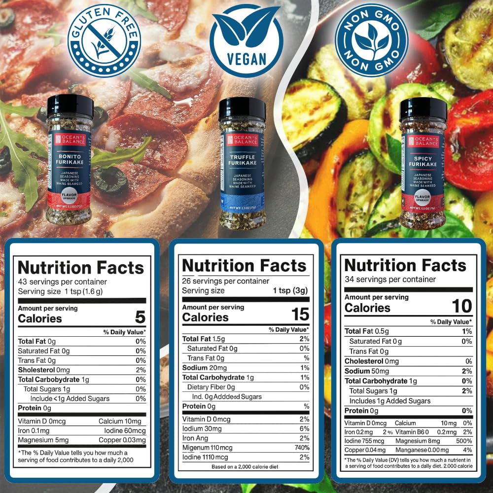 Ocean’s Balance Complete Seasoning Collection - Gourmet Seaweed Seasonings with Spicy, Truffle, Bonito, Four Flake Blend, Dulse Granules & Kelp