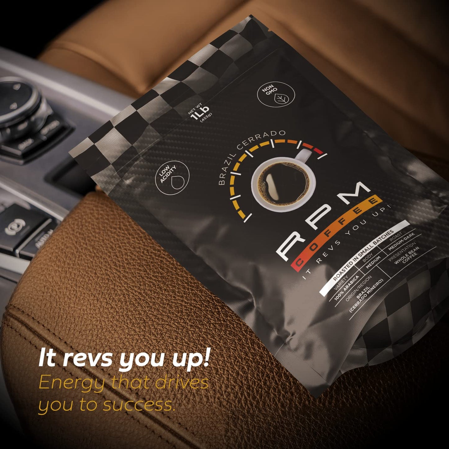 1LB RPM Brazil Cerrado Premium Coffee, Standard Caffeine - Supercharged Flavor, Medium-Dark Roast, 100% Arabica Beans, Low Acidity