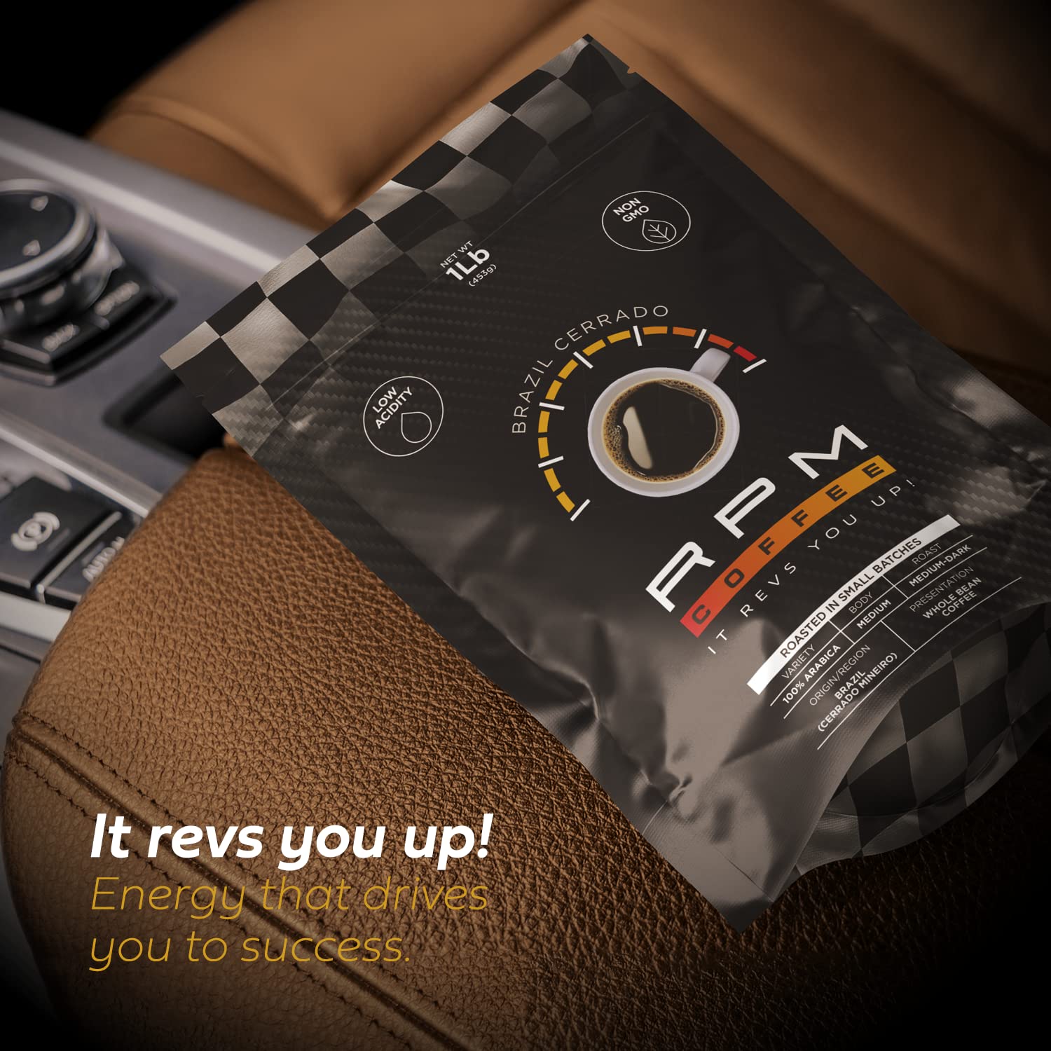 1LB RPM Brazil Cerrado Premium Coffee, Standard Caffeine - Supercharged Flavor, Medium-Dark Roast, 100% Arabica Beans, Low Acidity