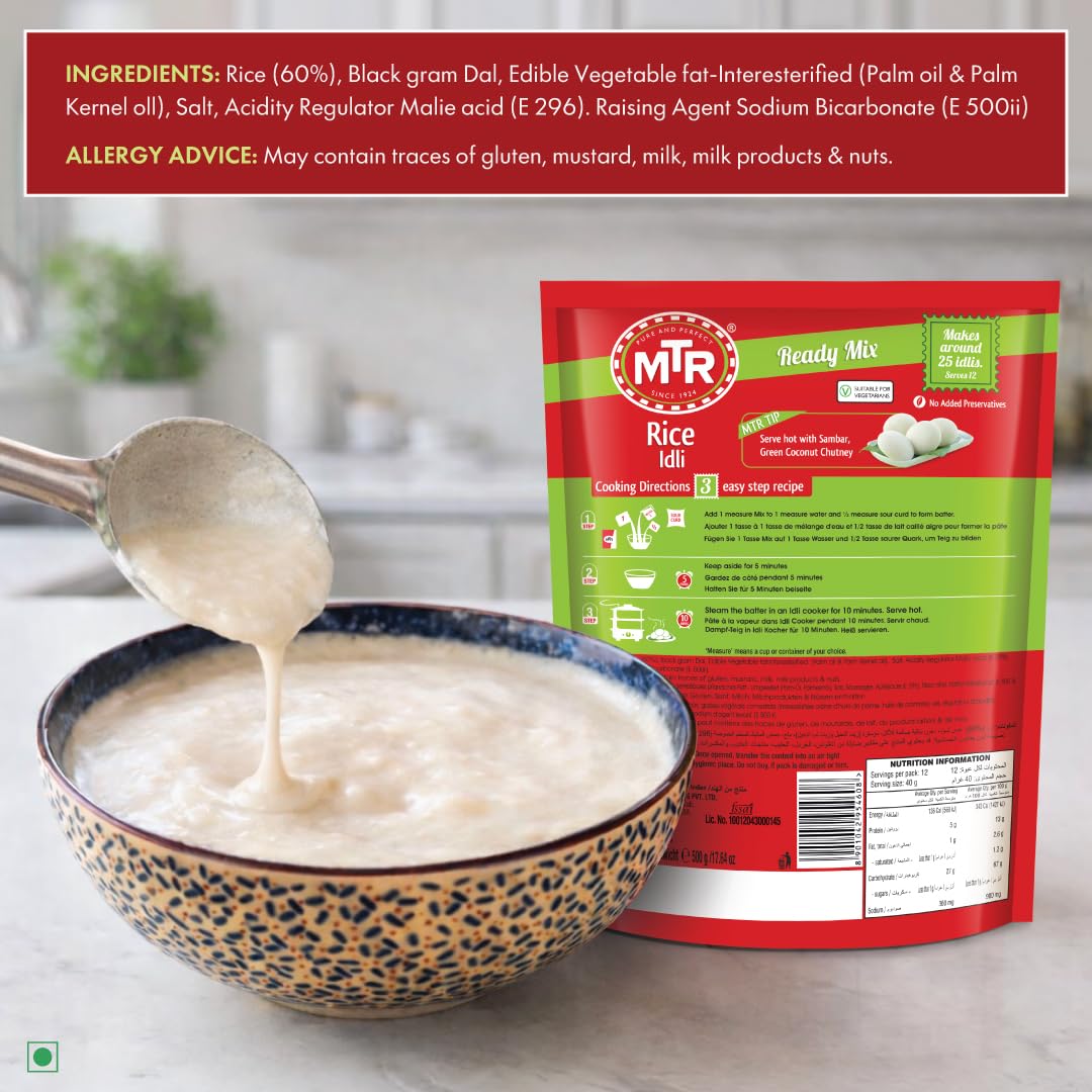 MTR Instant Rice Idli Mix - Ready to Cook Authentic Indian Breakfast, Lunch, Dinner or Snack Meal - No Added Preservatives - A Quick & Easy Recipe Suitable for Vegetarians - (500g, Pack of 1)