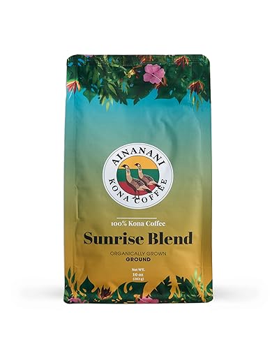 Sunrise Blend - Ainanani Kona Coffee, Single Estate, Organically Grown, Light-Medium Roast, Ground 100% Kona Coffee, 10 Ounce (Pack of 1)