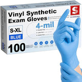 Schneider Blue Vinyl Synthetic Exam Gloves, Large, Box of 100, 4 Mil, Powder-Free, Latex-Free, Non-Sterile, Disposable Gloves