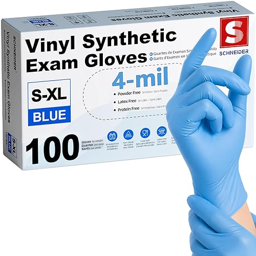 Schneider Blue Vinyl Synthetic Exam Gloves, Large, Box of 100, 4 Mil, Powder-Free, Latex-Free, Non-Sterile, Disposable Gloves