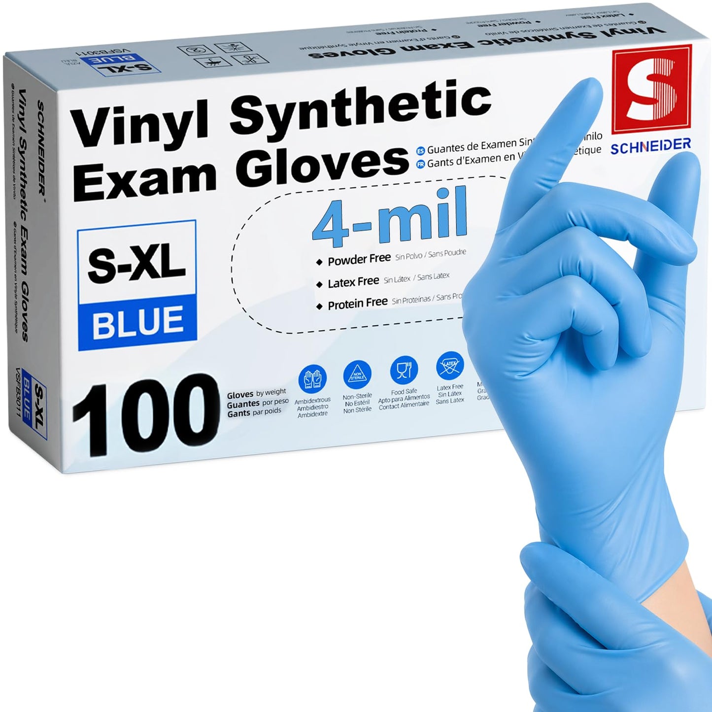 Schneider Blue Vinyl Synthetic Exam Gloves, Large, Box of 100, 4 Mil, Powder-Free, Latex-Free, Non-Sterile, Disposable Gloves