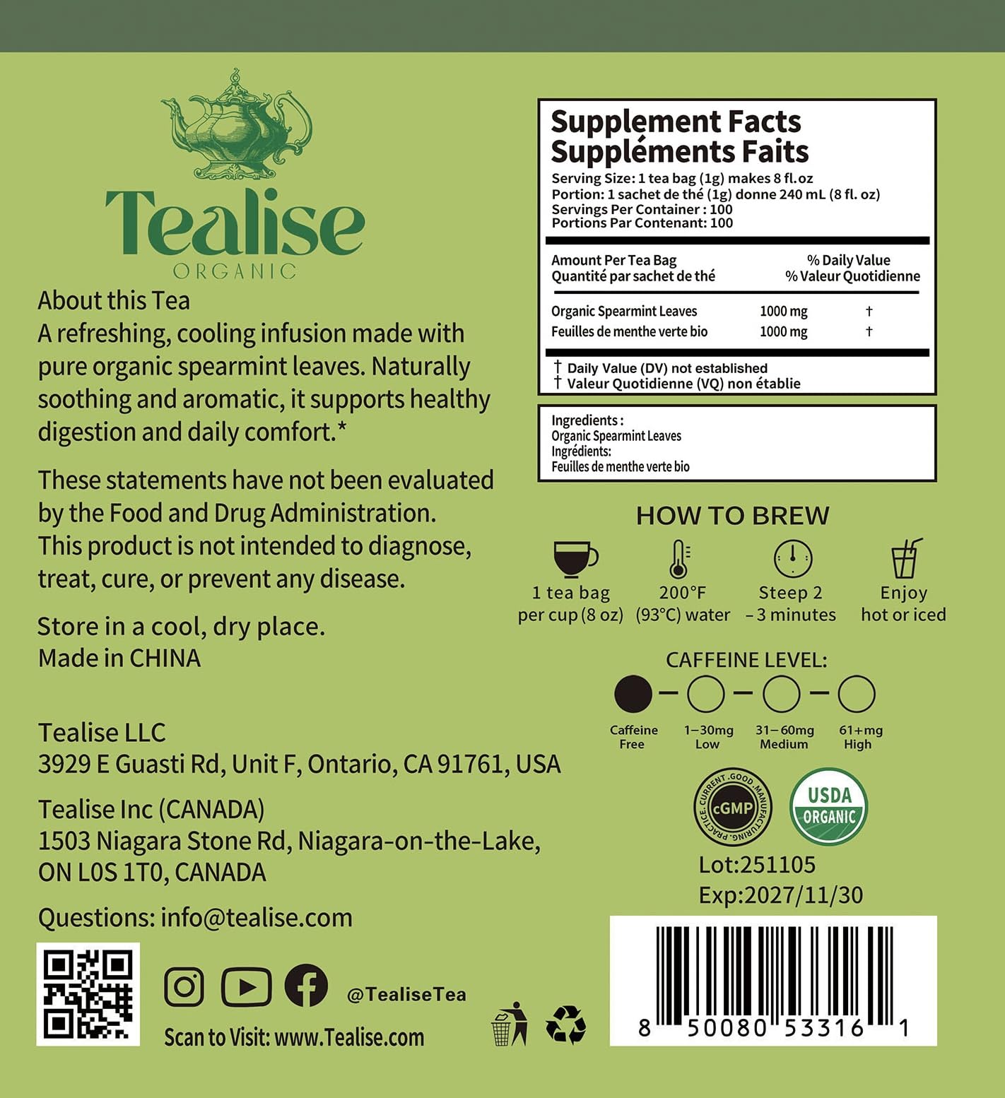 Organic Spearmint Tea Bags 100 Count - Spearmint Herbal Tea - Caffeine Free Mint Tea - Fresh, Smooth and Naturally Refreshing - Eco-Conscious
